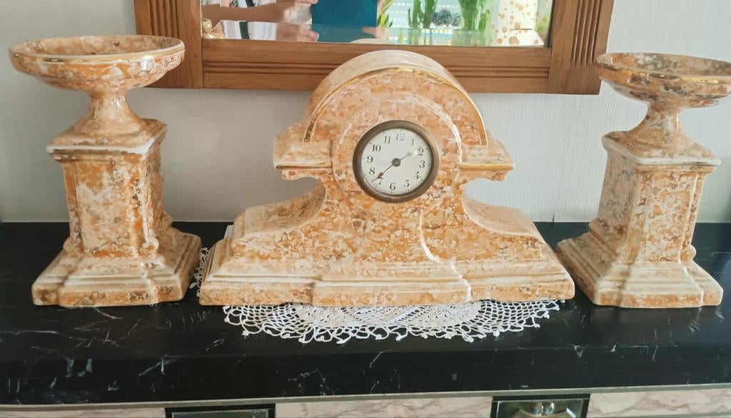 Art Deco schouw garnituur met klok en 2 kaarsenhouder AMC, Antiek en Kunst, Ophalen