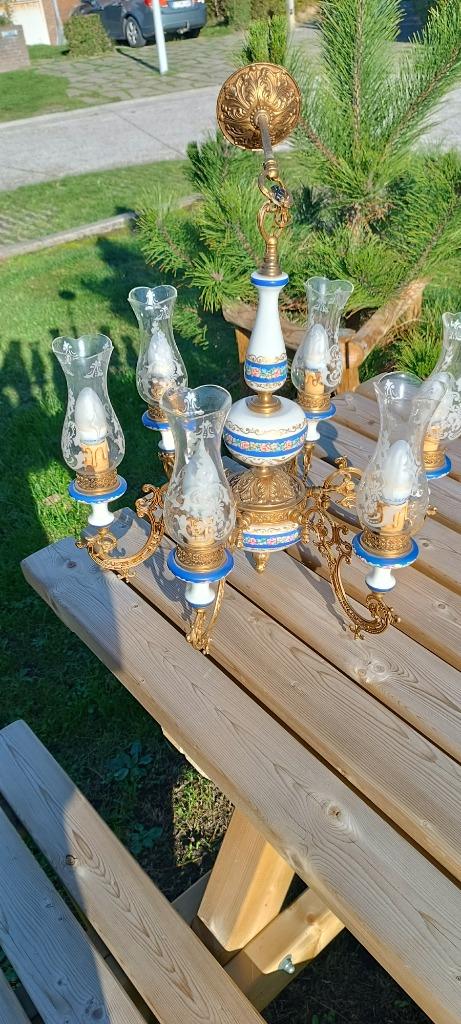 Vintage kroonluchter met 6 armen voor de hal., Huis en Inrichting, Ophalen of Verzenden, Zo goed als nieuw, Glas