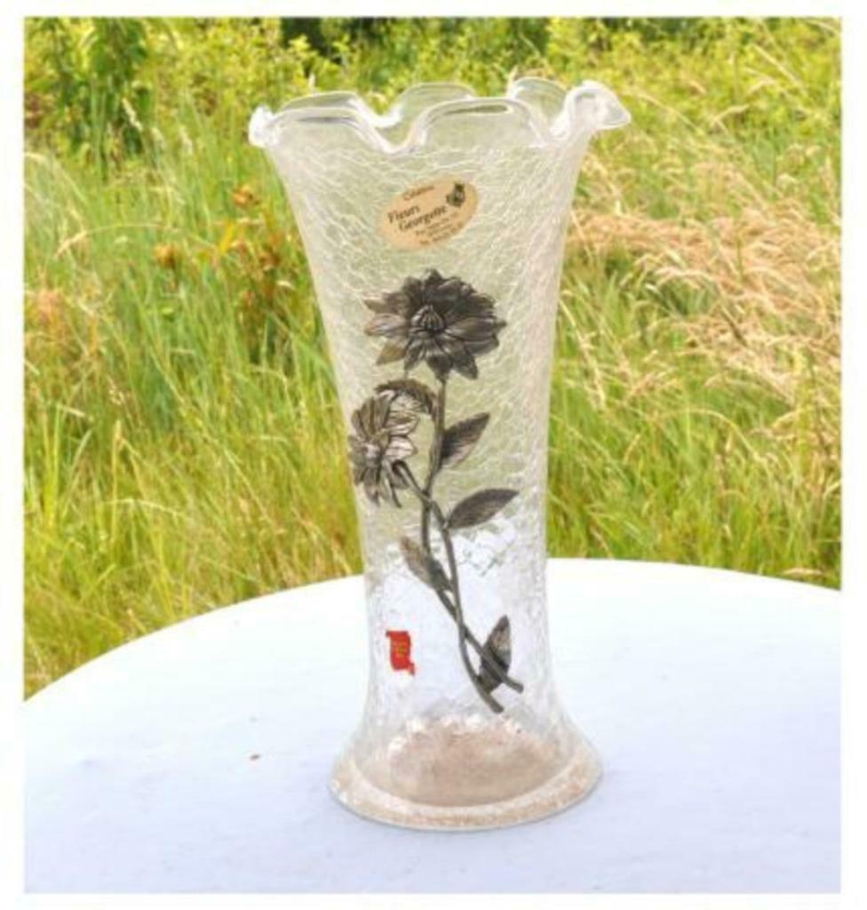 §vase verre craquelé fleur étain, Antiquités & Art, Enlèvement ou Envoi