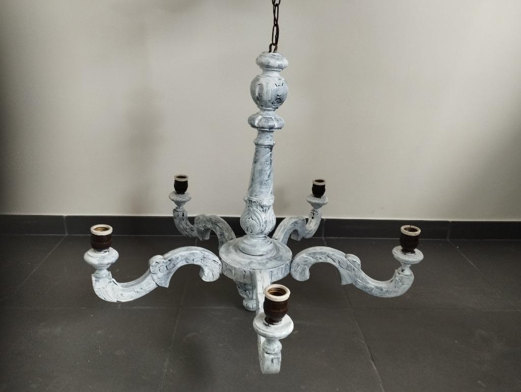 Zeer stevige mooie landelijke luster met witte patina, Ophalen, Gebruikt, Hout