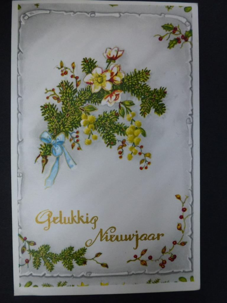 oude prentkaart Gelukkig Nieuwjaar bloemen mimosa, Verzamelen, Ophalen of Verzenden, 1960 tot 1980, Gelopen, Feest(dag)