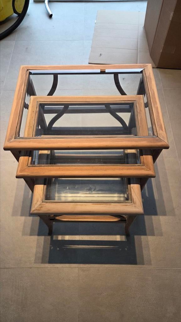 houten bijzettafeltjes, vintage, rustiek, 3 stuks, Gebruikt, 55 tot 75 cm, Rechthoekig, Hout