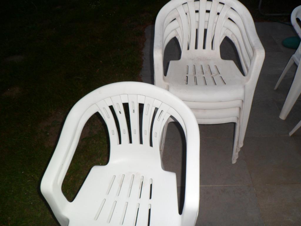Chaises de jardin blanches 4 pièces + 2 pièces, couleur blan, Enlèvement ou Envoi, Utilisé, Synthétique, Empilable