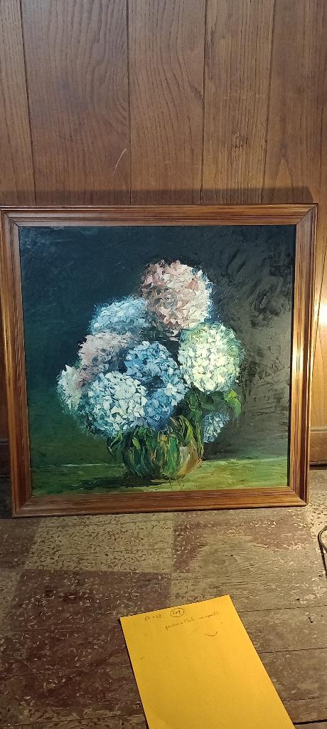 Tableau nature morte bouquet d'hortensias huile,68x68,n309, Peinture à l'huile, Panneau, Classique, Nature morte