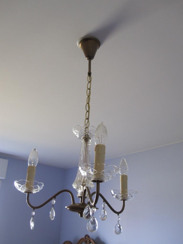 Vintage gouden kroonluchter met 3 takken, Huis en Inrichting, Lampen | Kroonluchters, Ophalen of Verzenden, Gebruikt, Glas