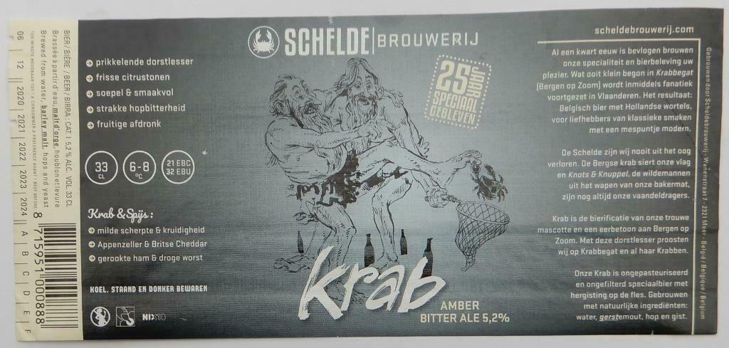 Bieretiket Krab Brouwerij Scheldebrouwers (4v4), Ophalen of Verzenden, Gebruikt