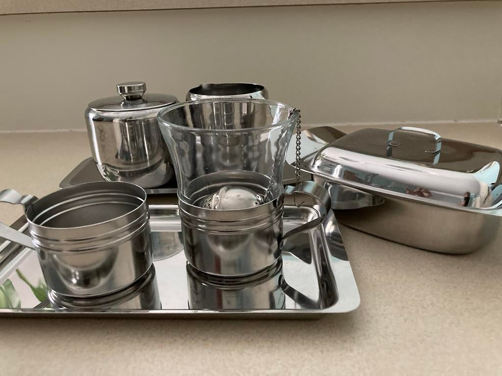 Setje inox melk suiker thee boterpot, Antiek en Kunst, Ophalen