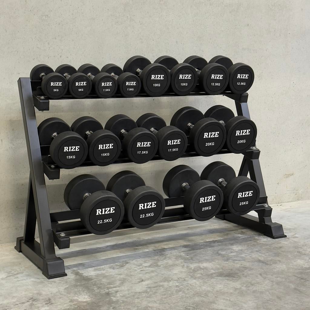 Haltères en caoutchouc RIZE 5—25 kg + support, Enlèvement ou Envoi, Neuf, Bras, Haltère