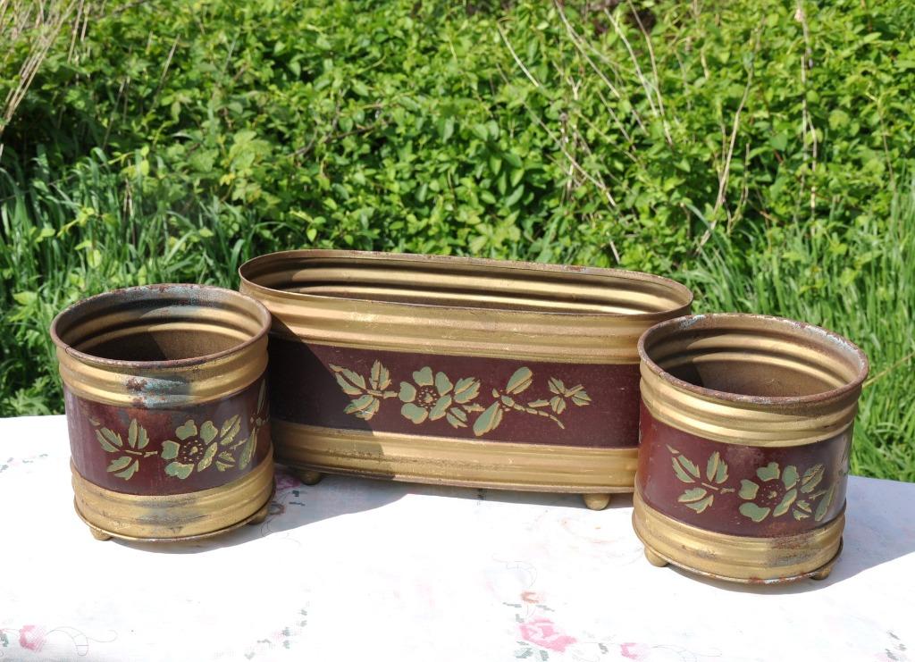 ensemble jardiniere et 2 cache pot en metal, Enlèvement ou Envoi