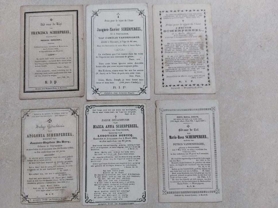 Lot van 6  heel oude bidprentjes naam Scherpereel., Ophalen of Verzenden