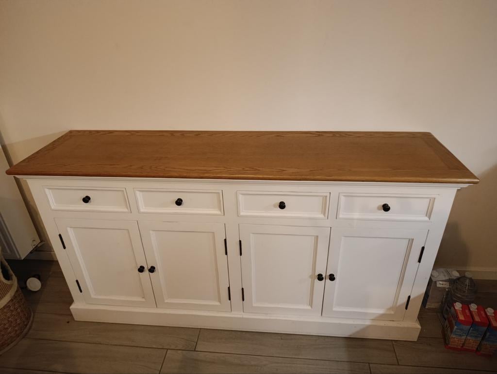 Massief houten dressoir Overstock Home wit met eikenblad, Huis en Inrichting, Ophalen