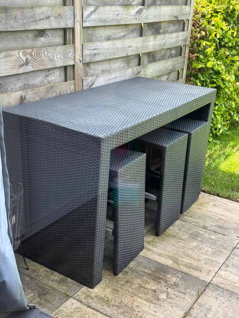 Tuintafel hoog met 6 barkrukken, Ophalen, Gebruikt