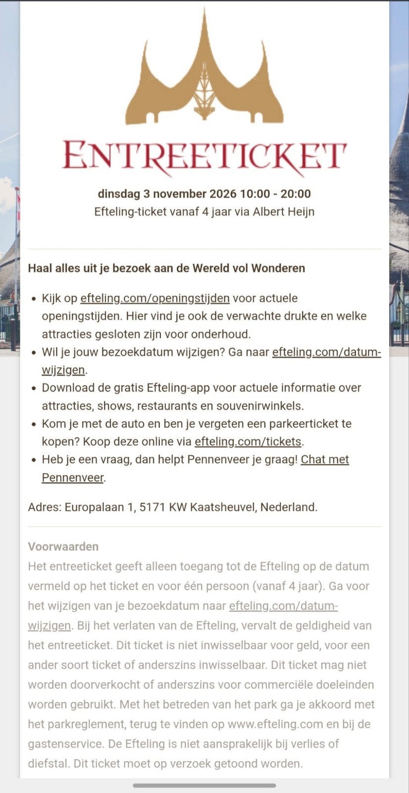 1 toegangsticket voor de Efteling op 3 november 2026., Tickets en Kaartjes, Eén persoon, Ticket of Toegangskaart