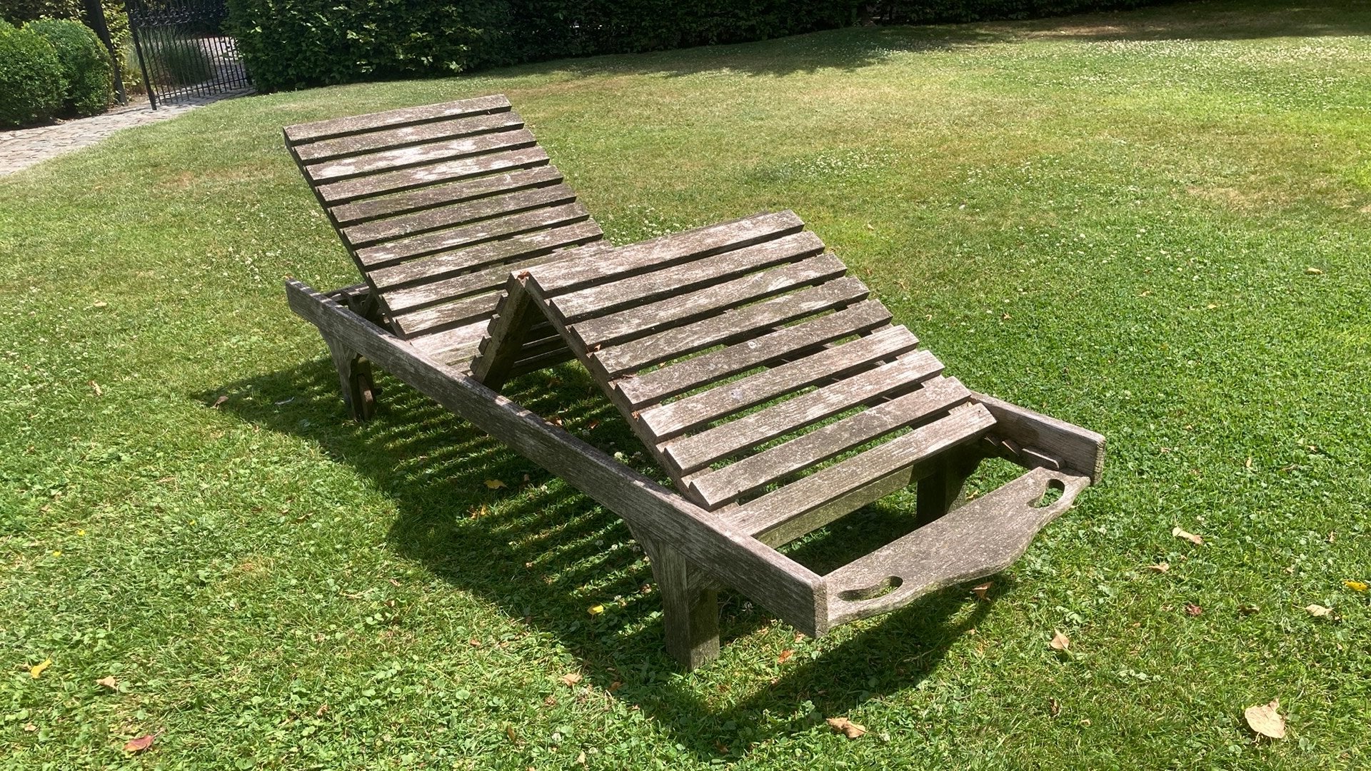 Teak massief tuin ligbed zetel bank plooibaar instelbaar, Tuin en Terras, Ophalen, Gebruikt