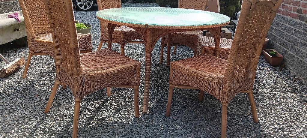 Tafel + stoelen, Huis en Inrichting, Tafels | Eettafels, Ophalen, Gebruikt, 100 tot 150 cm, Rond