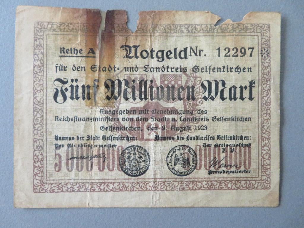 notgeld 5 millionen stadt Gelsenkirchen Deutschland 1923, Ophalen of Verzenden, Duitsland, Los biljet