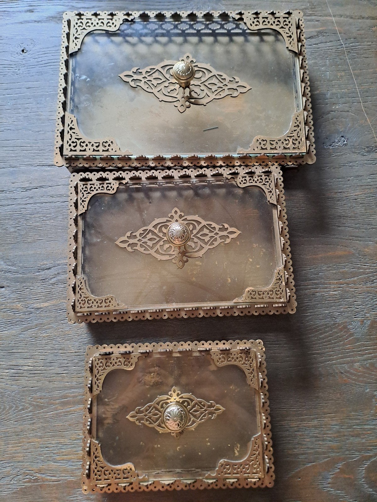 set van 3 decoratieve houten met glas, opbergdozen, Huis en Inrichting, Woonaccessoires | Onderzetters, Ophalen, Gebruikt, Hout