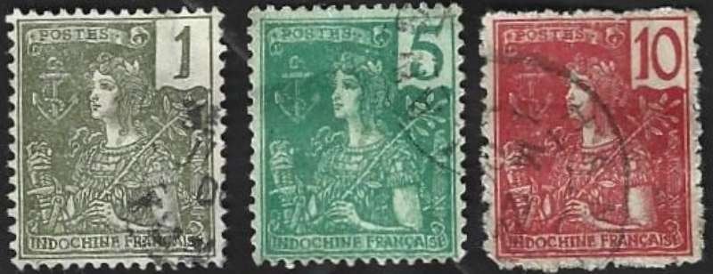 3 Postzegels Indochina 1904 Type Grasset, Postzegels en Munten, Ophalen of Verzenden, Gestempeld, Oost-Azië
