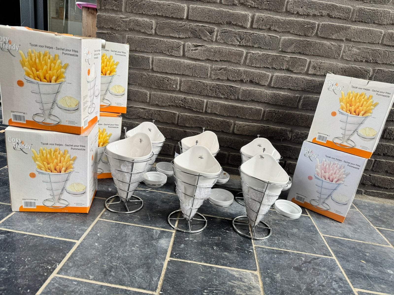 Set van 6 gezellige en trendy friethouders/friteusemanden, Ophalen of Verzenden, Zo goed als nieuw, Keramiek