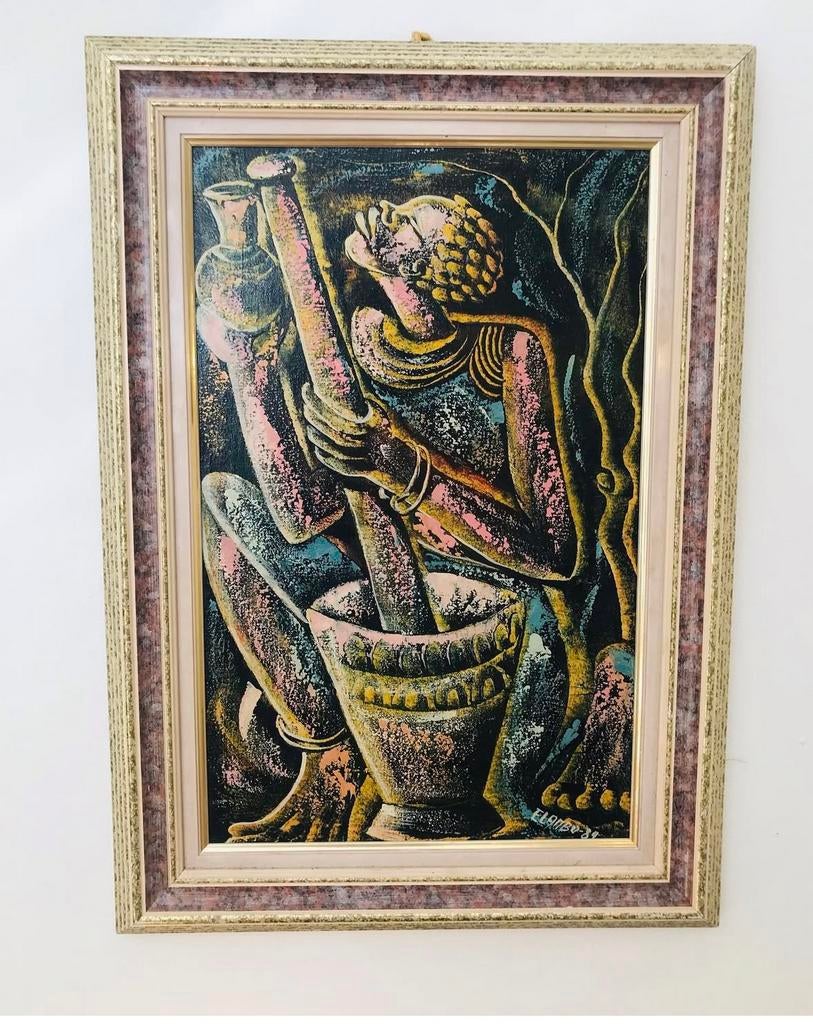 ELAMBO-1984’. Olieverf schilderij  ‘Seated Millet pounder’, Ophalen