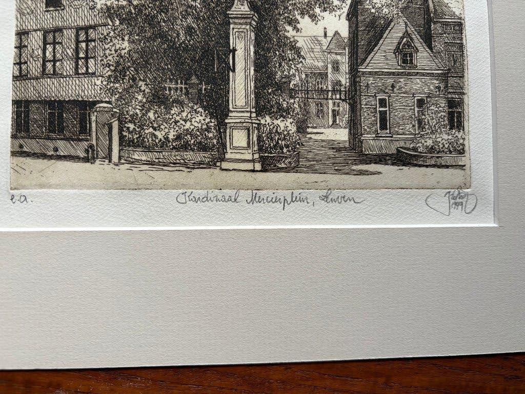 Ets Kardinaal Mercierplein Leuven - J. Boussauw (E.A.), Stadsgezicht, Ophalen of Verzenden, 24 cm, Gesigneerd