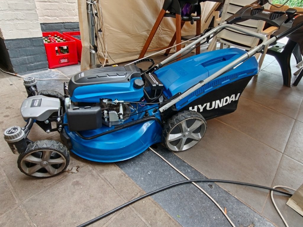 Hyundai benzine grasmaaier196cc zelfrijd,elektrische start, Jardin & Terrasse, Tondeuses à gazon, Bac de ramassage, Tondeuse rotative