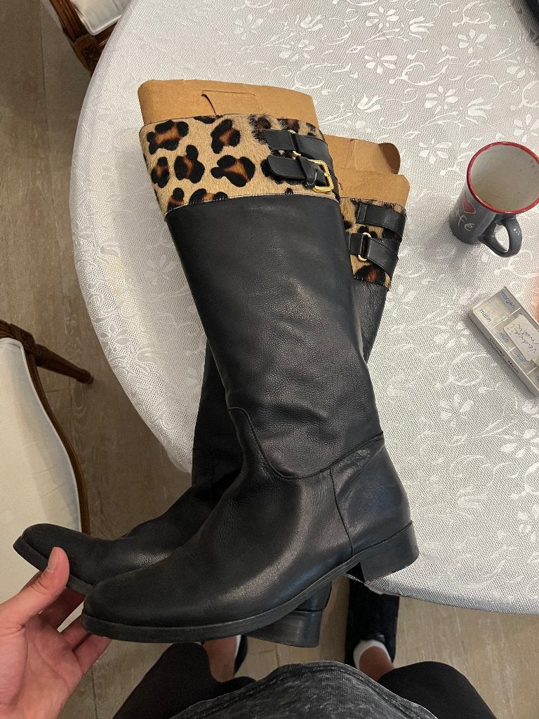 Bottes cavalières cuir noir empiècement léopard - Acosta, Ophalen, Zwart, Gedragen, Hoge laarzen