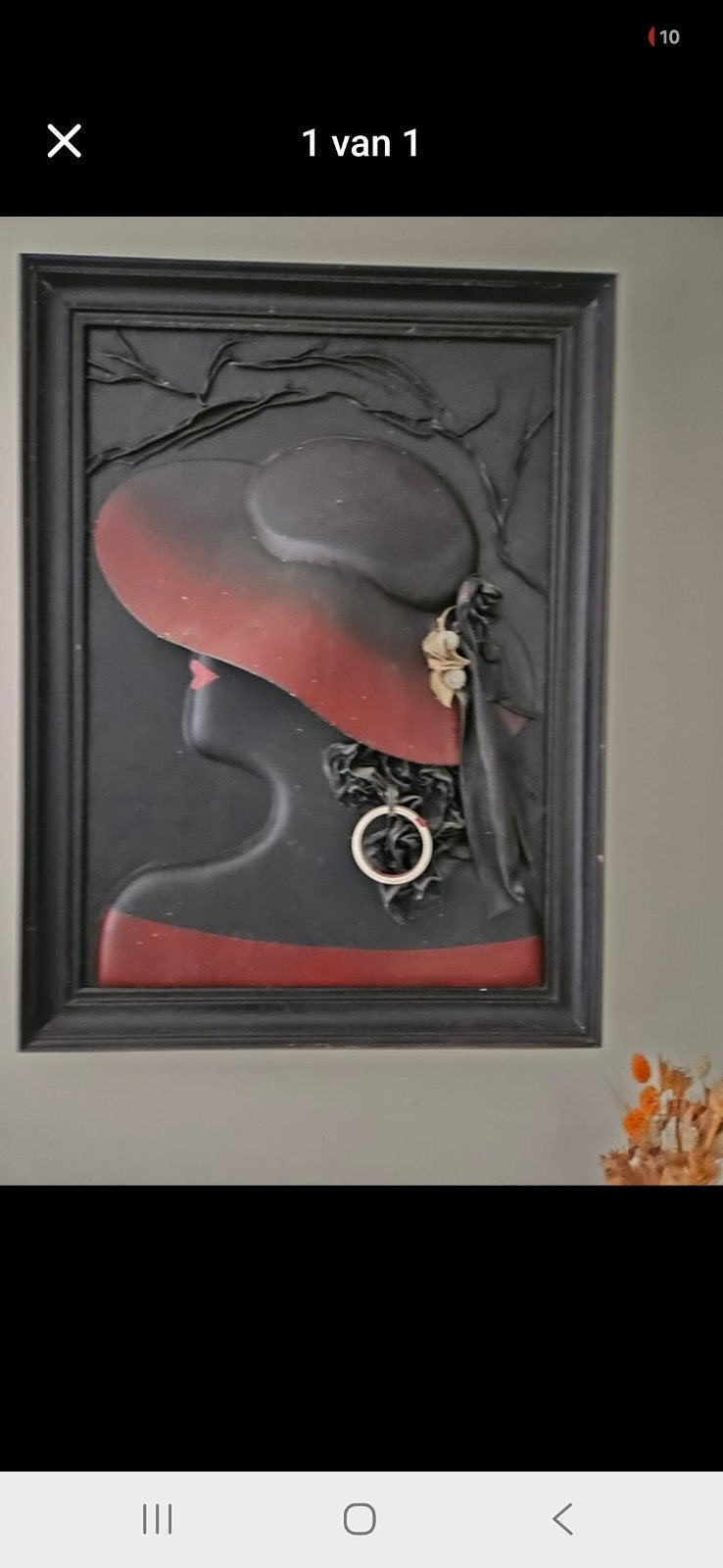 kunstwerk in kader dame in roodzwart, Ophalen of Verzenden, Overige materialen