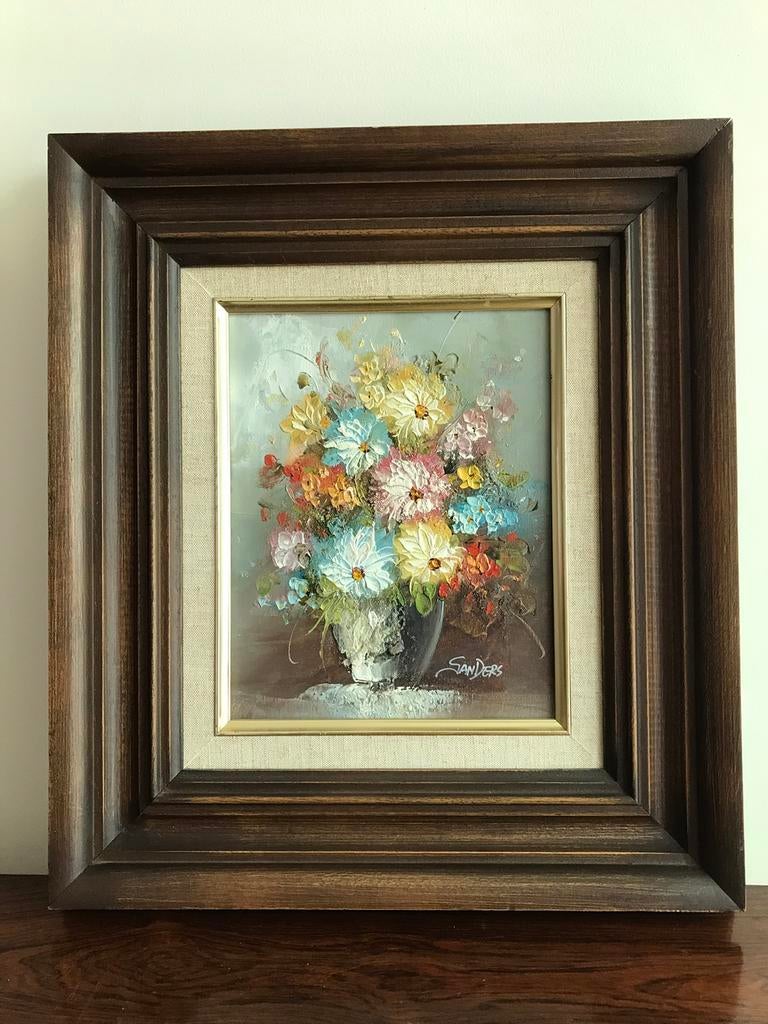 Schilderij bloemen in vaas Sanders  in houten lijst kader, Antiek en Kunst, Kunst | Schilderijen | Klassiek, Ophalen of Verzenden