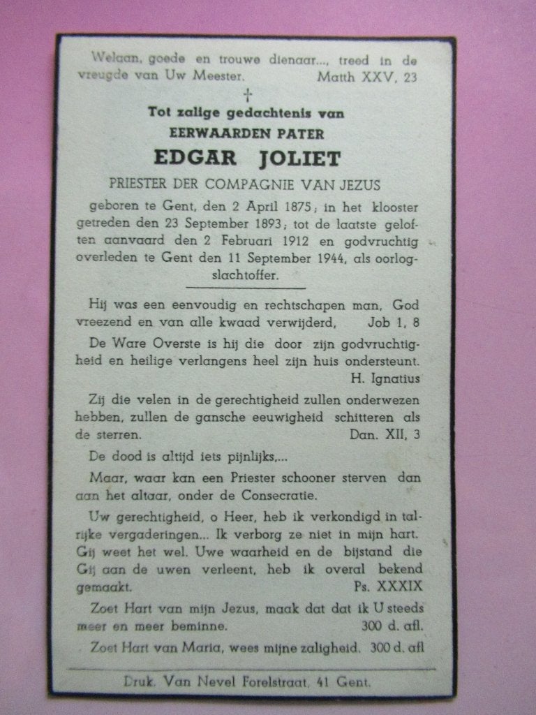 Pater Edgar Joliet - Oorlogslachtoffer, Verzamelen, Bidprentjes en Rouwkaarten, Verzenden, Bidprentje