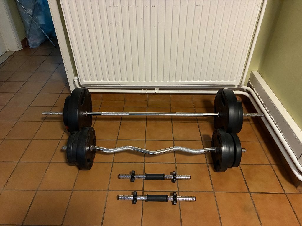 halterbank + halters + gewichten, Enlèvement, Utilisé, Bras, Barre d'haltères