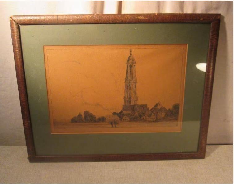 Mooie Oude Gravure 'Stadje met kathedraal' - gesigneerd, Antiek en Kunst, Ophalen of Verzenden, Landschap, Gravure, Gesigneerd