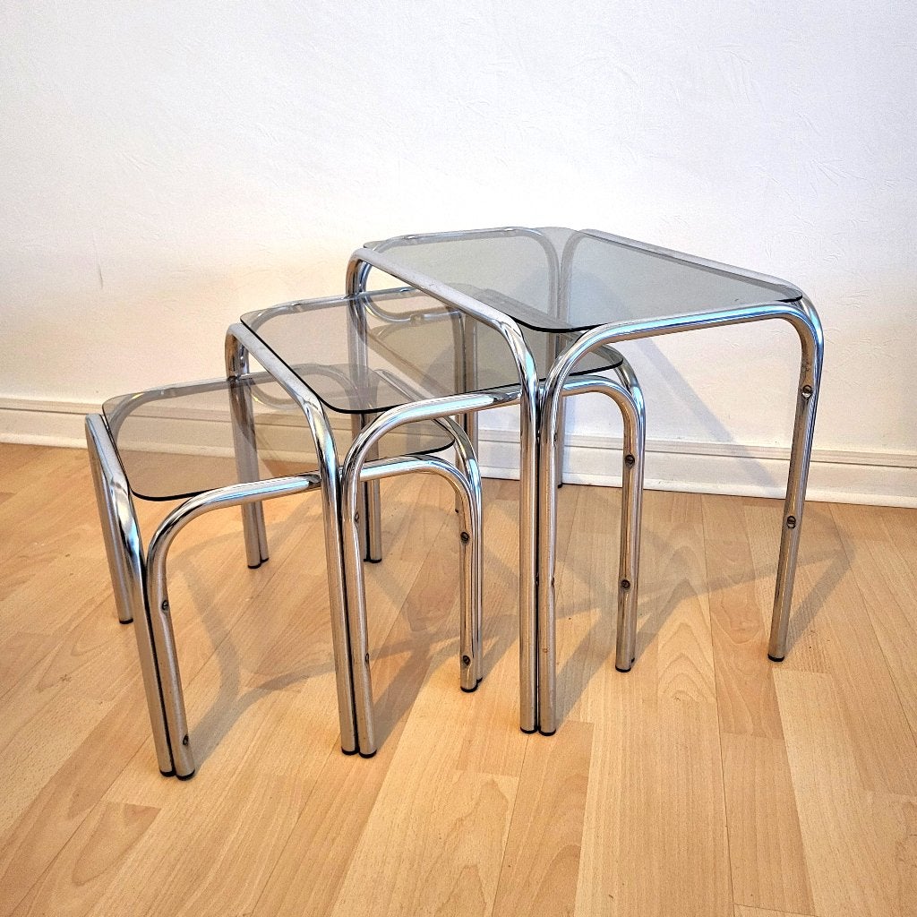 Tables Gigognes Italiennes Chrome "En PARFAIT état", Enlèvement ou Envoi, Comme neuf, Verre, Design 70"