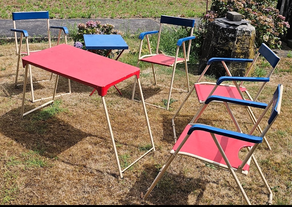 Unieke 6-delige vintage retro tuinset / campingset, Ophalen, Gebruikt, Metaal, Inklapbaar