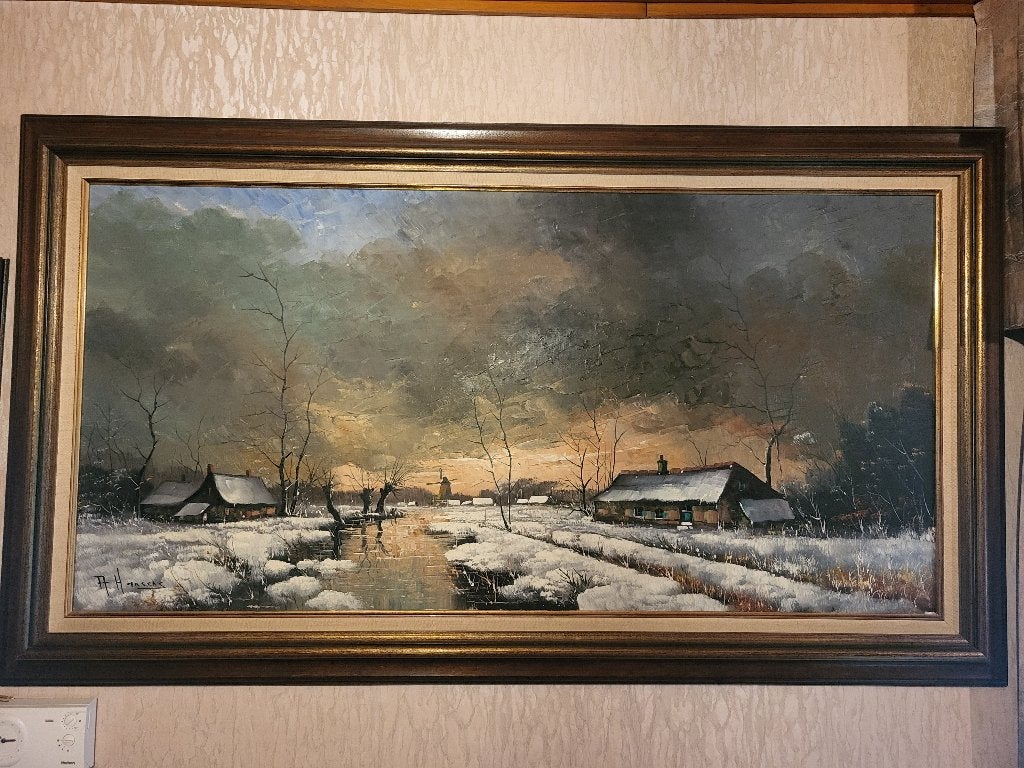 Winterlandschapschilderij in houten kader, Enlèvement, Signé, Paysage