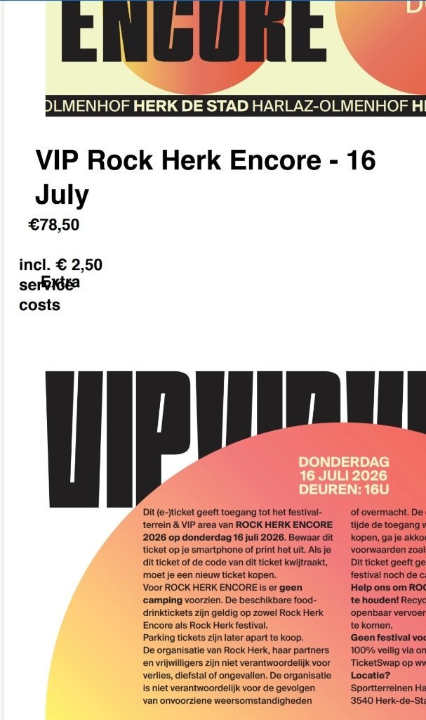 2x Vip kaarten rock herk 16 juli 1x parkingkaart vip, Tickets en Kaartjes, Twee personen