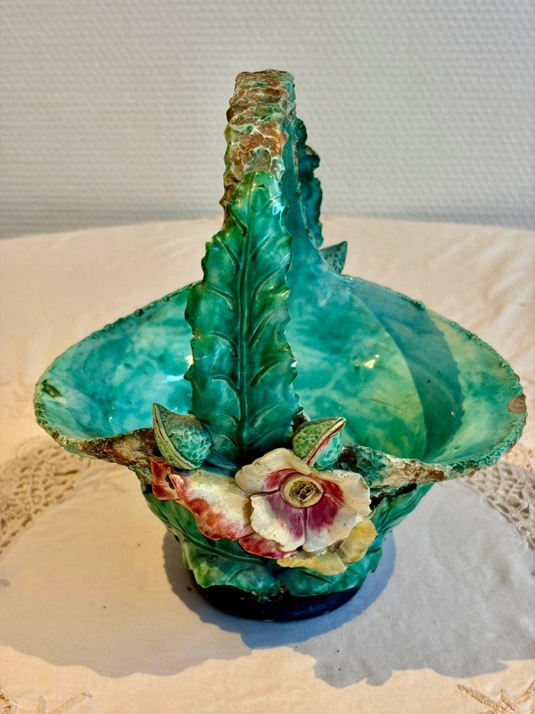 Vintage keramieken siermandje in turquoise glazuur, Antiek en Kunst, Ophalen of Verzenden