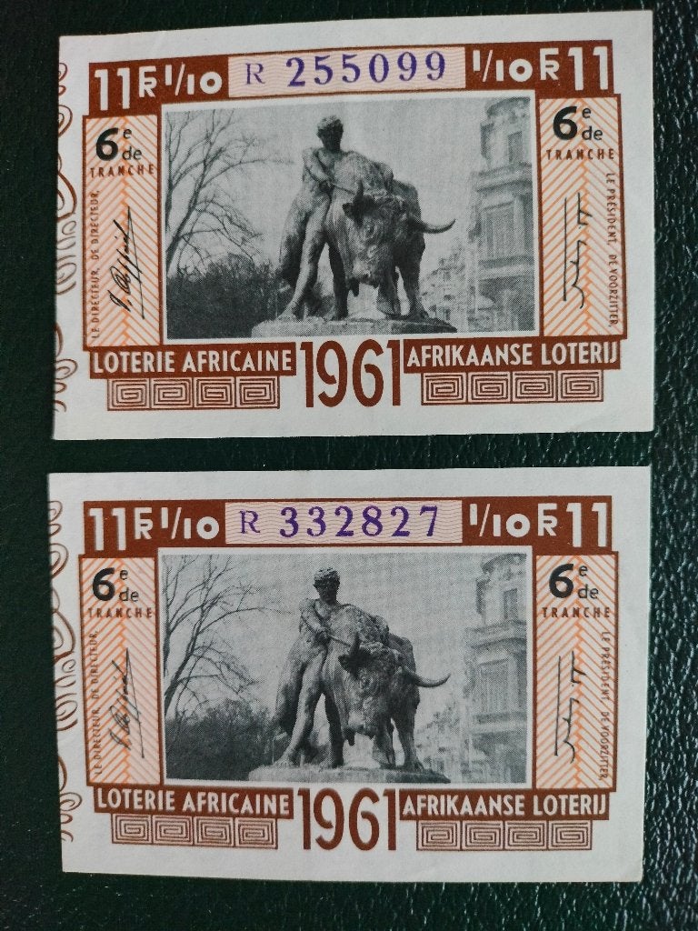 2 billets pour la Loterie africaine 1961 - homme et taureau, Enlèvement ou Envoi