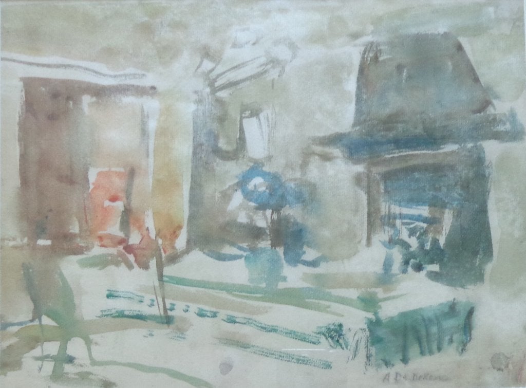 ALBERT DE DEKEN / INTERIEUR / ORIGINEEL / 42x52cm / KADER, Antiek en Kunst, Kunst | Schilderijen | Modern, Ophalen of Verzenden