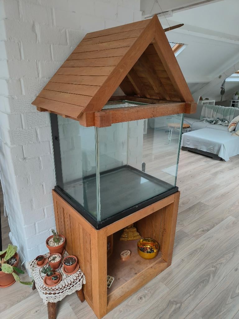 Aquarium met eiken dak en onderstel, Dieren en Toebehoren, Ophalen, Gebruikt, Leeg aquarium