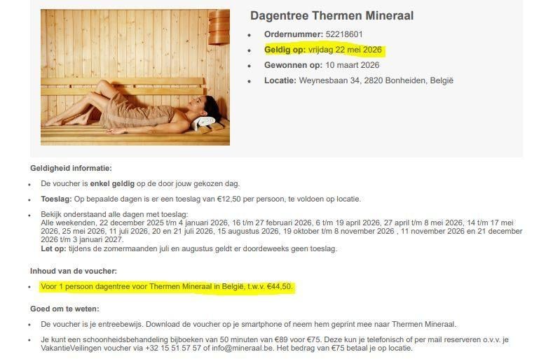 Ticket Thermen Mineraal Rijmenam, Envoi, Neuf