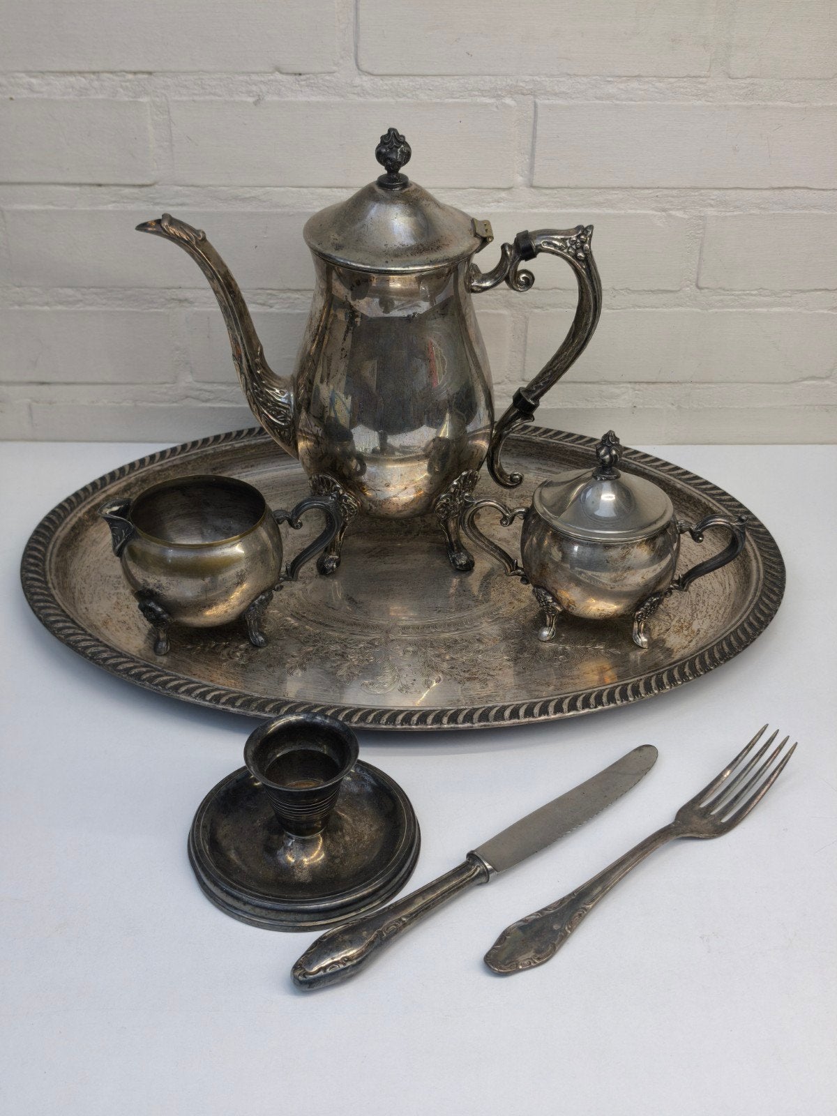 Prachtige Verzilverde Koffie en Theeset met Dienblad vintage, Antiek en Kunst, Antiek | Zilver en Goud, Ophalen of Verzenden