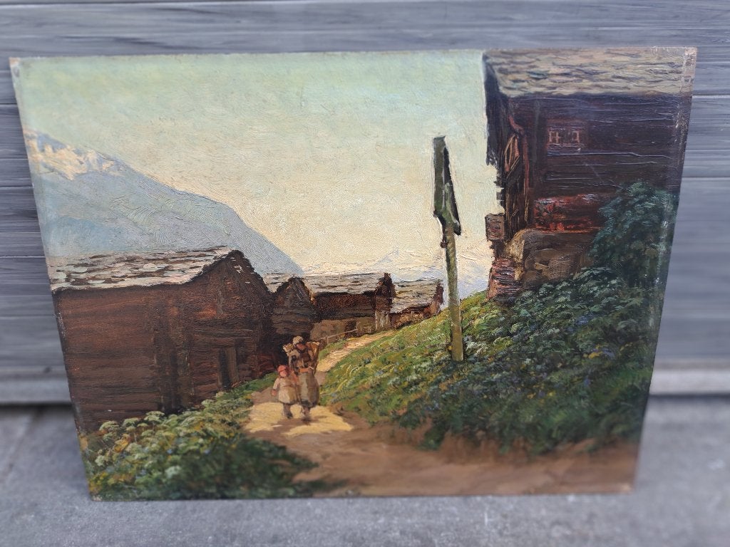 huile sur panneau chemin anime signe, Antiquités & Art, Art | Peinture | Classique, Enlèvement ou Envoi, Panneau