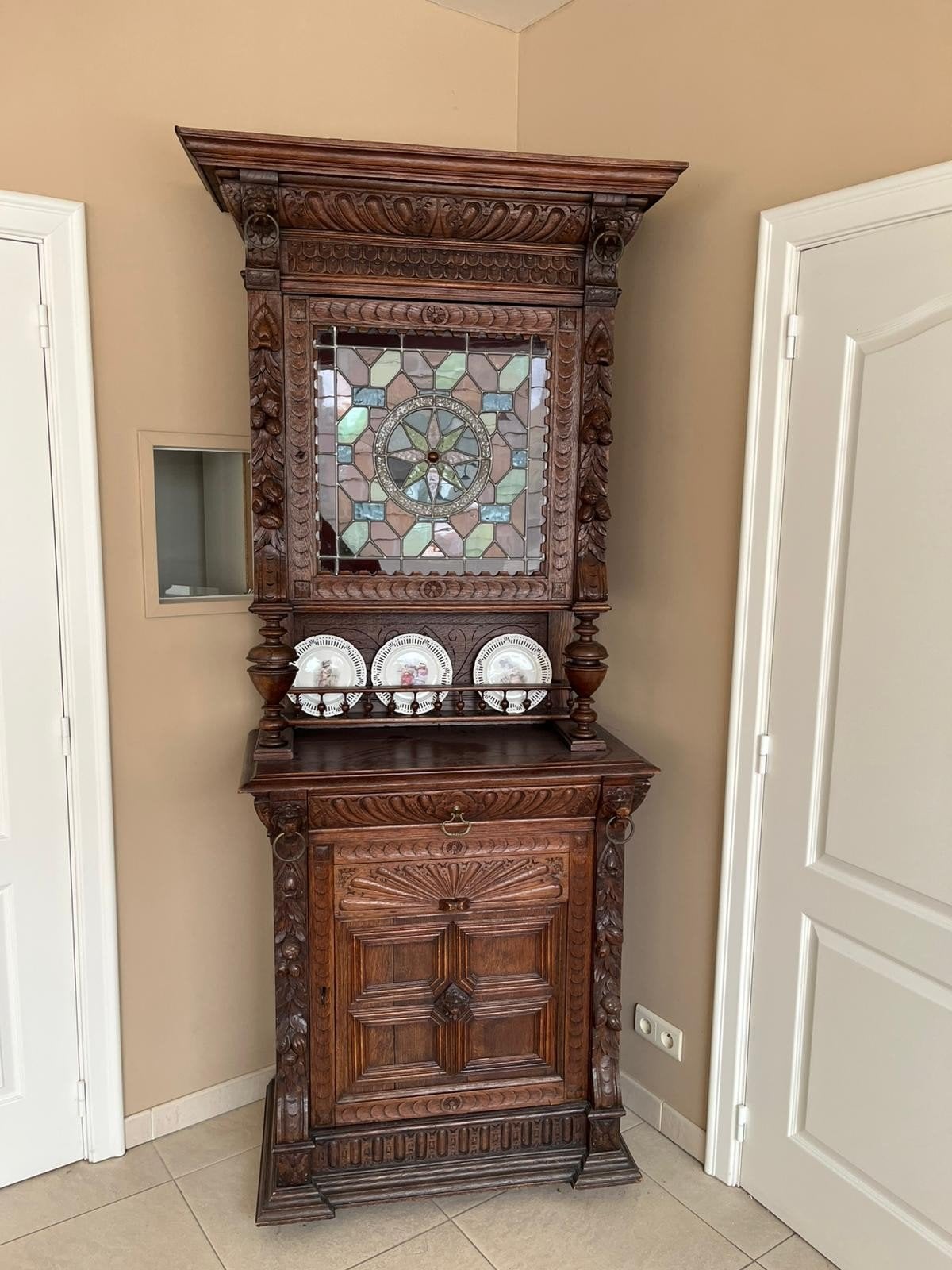 Prachtige antieke eiken kast– glas-in-lood, Antiek en Kunst, Ophalen