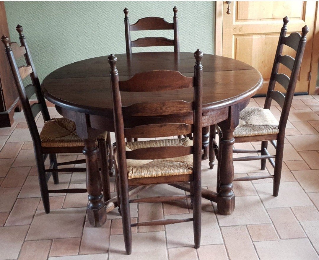 Eiken eettafel uitschuifbaar rond/ovaal + 6 stoelen (riet), Ophalen, Gebruikt, Landelijke en rustieke stijl, 4 tot 6 stoelen