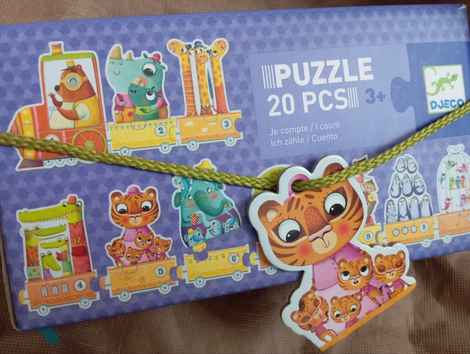 DJECO puzzle 20 stuks - leren tellen met dieren in de trein., Kinderen en Baby's, Speelgoed | Educatief en Creatief, Ophalen of Verzenden