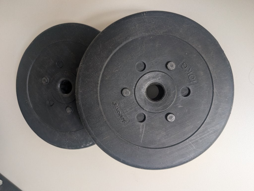plaques de poids en plastique 2 x 10 kg, Enlèvement, Utilisé, Plaques d'haltères