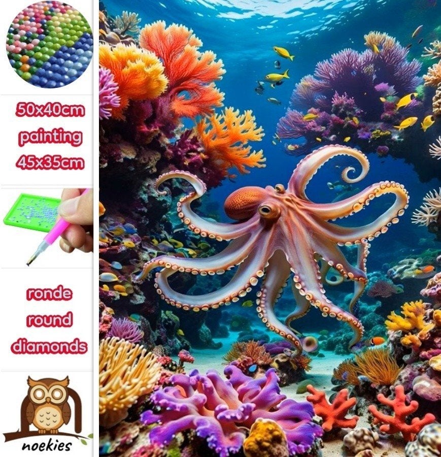 50x40cm Diamond Painting octopus (rond) nr 81, Verzenden, Nieuw, Meerkleurig, Overige materialen