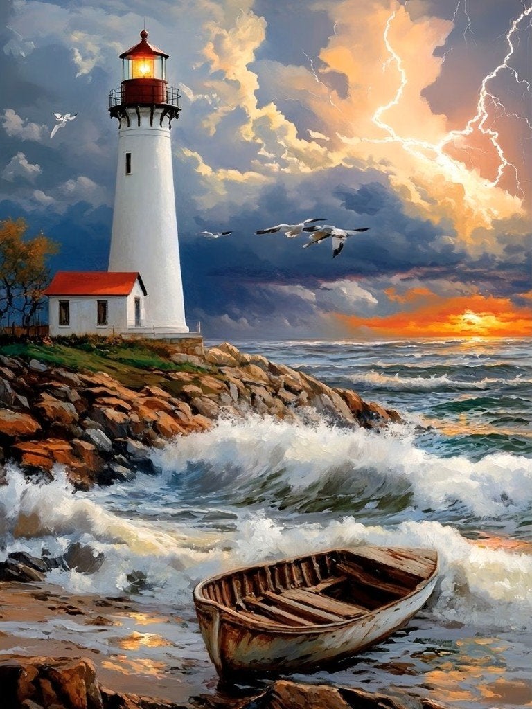 50x40cm Diamond Painting vuurtoren golven (vierkant) nr 52, Hobby en Vrije tijd, Zee en Strand, Verzenden, Nieuw, Meerkleurig