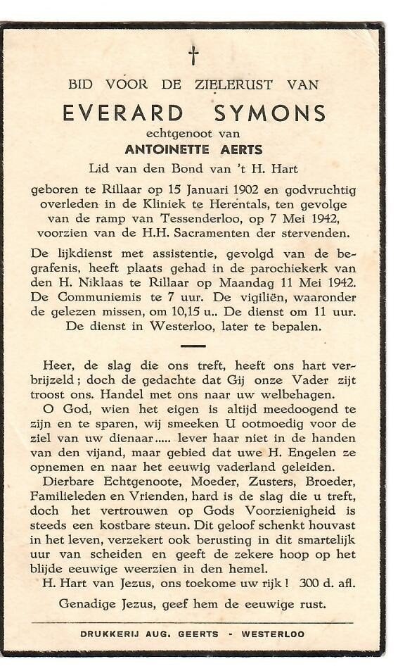 Catastrophe du RP Everard Symons, Tessenderloo, 7 mai 1942, Collections, Images pieuses & Faire-part, Enlèvement ou Envoi